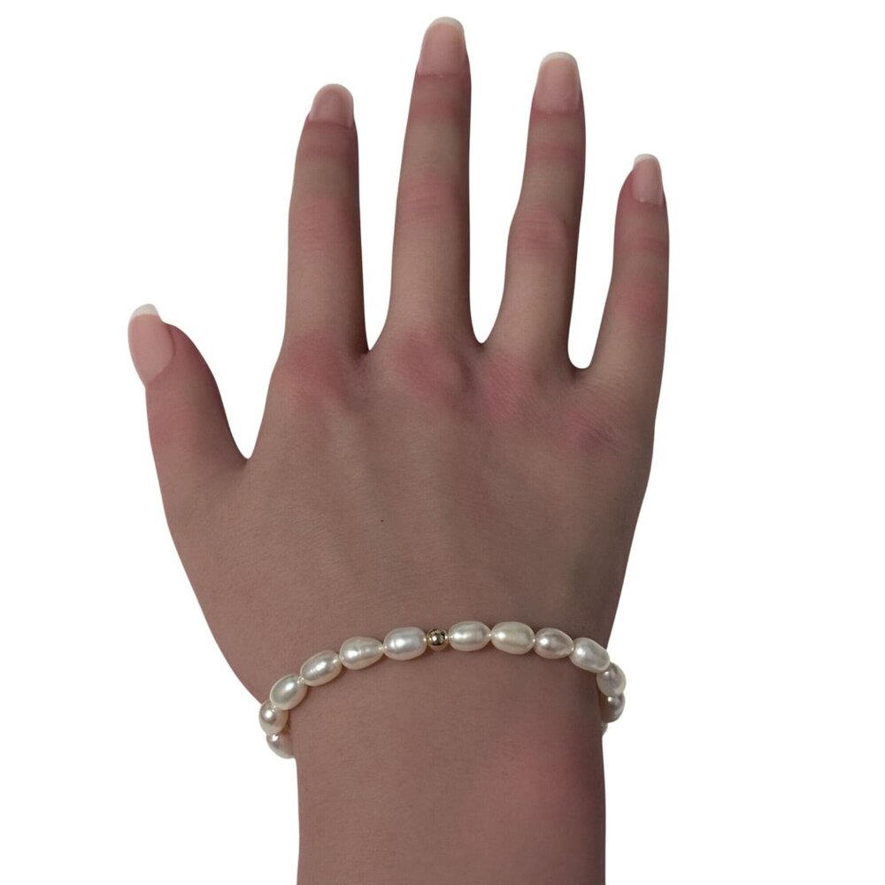 Pearl Rice Shape Beaded Stretch Bracelet with 14K Gold Accent Bead Handmade